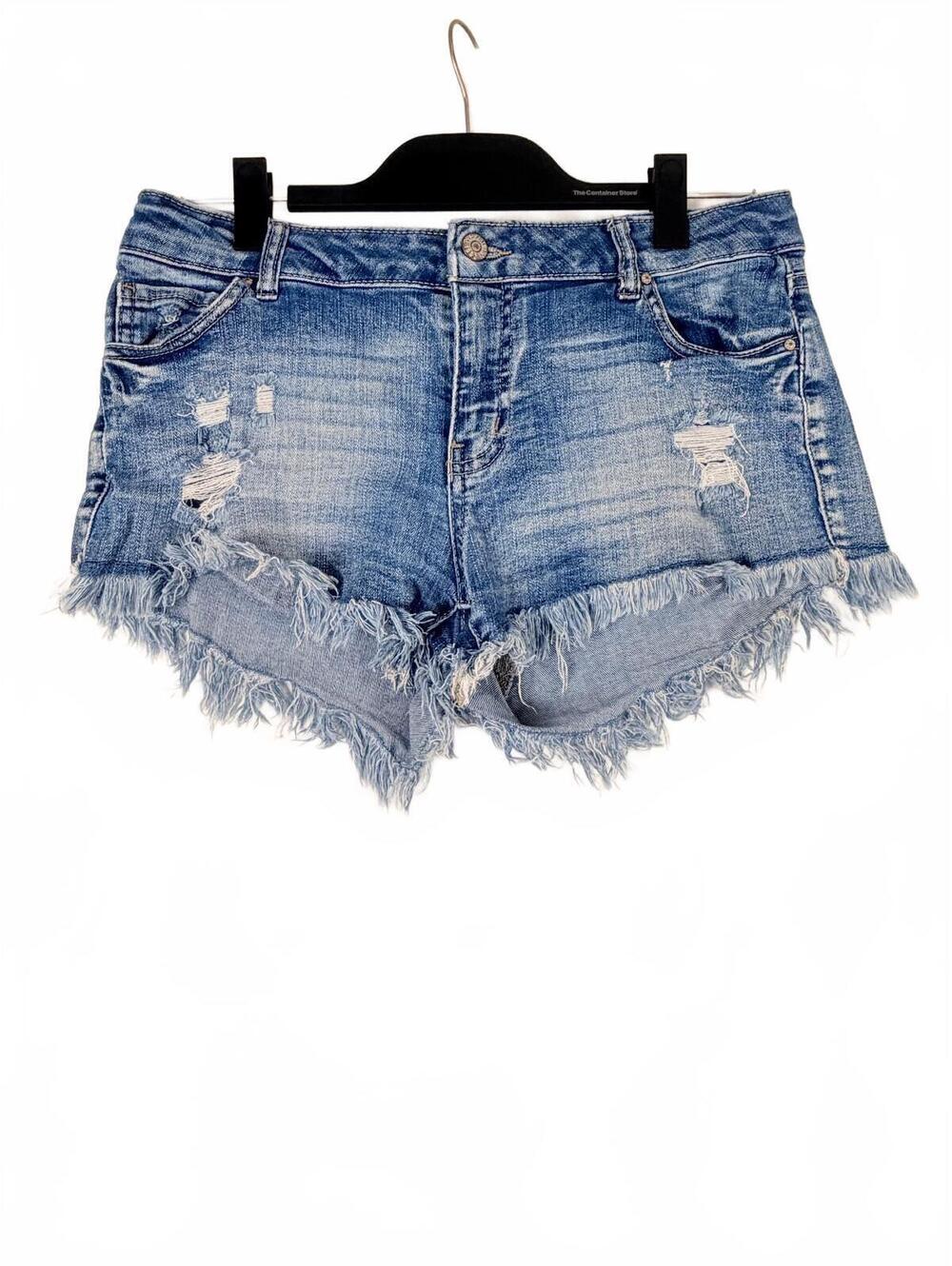 Wax Jean Blue Distressed Jean Shorts Raw Hem Juniors Large (14-16)